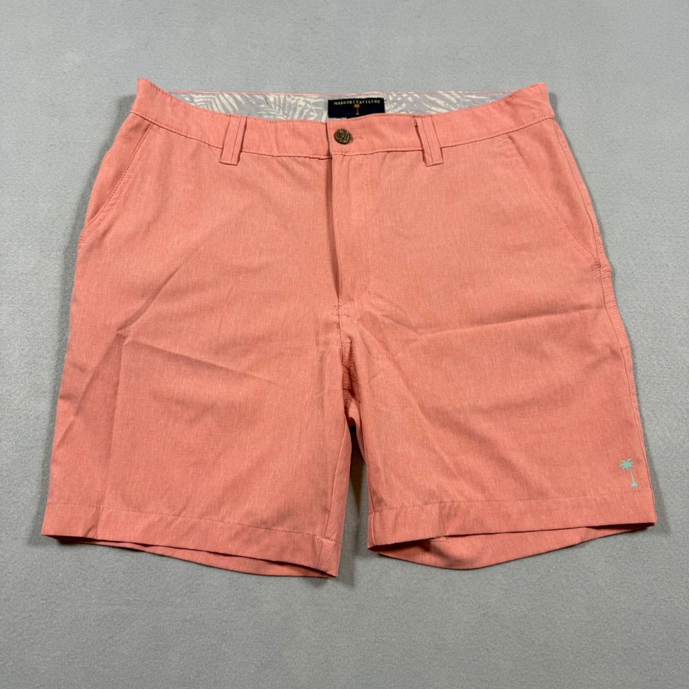 Margaritaville Mens Coral Pink Flat Front Casual Shorts Size 32 Palm Tree Logo